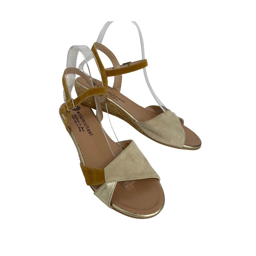 Eric Michael Espadrille Wedge Sandals Women 40 Mustard Gold Suede Handmade Spain